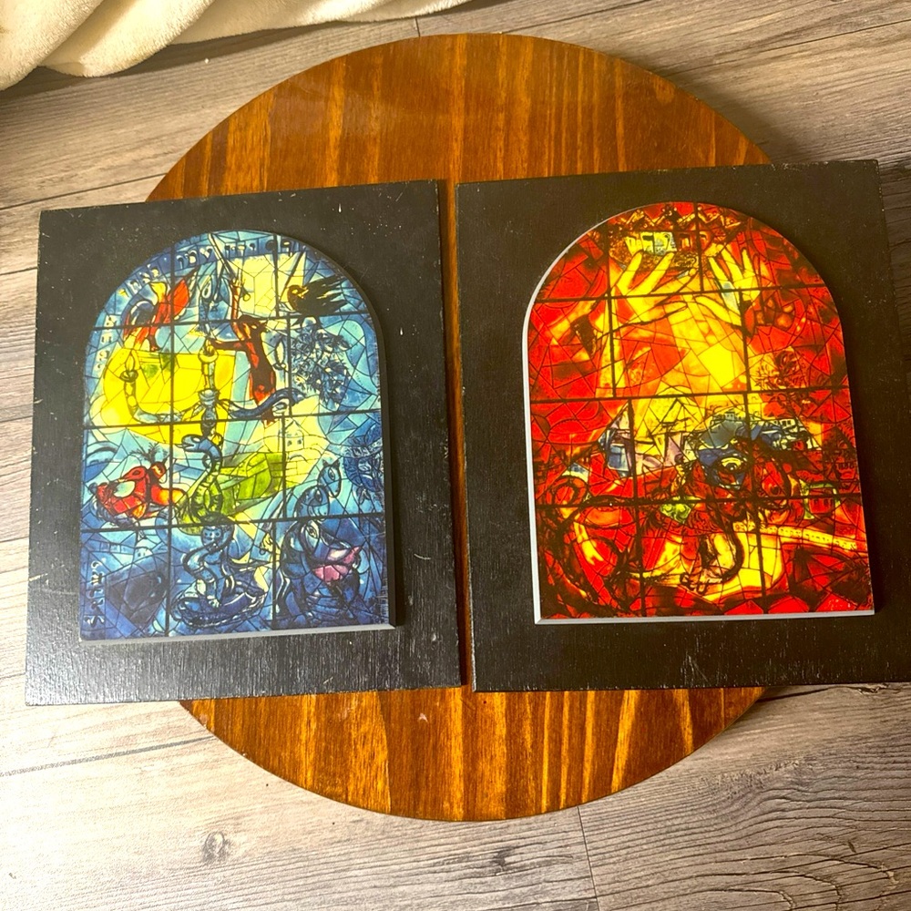 Vintage Marc Chagall Wooden Replica Of Stained Glass Window Wall Decor 2pc